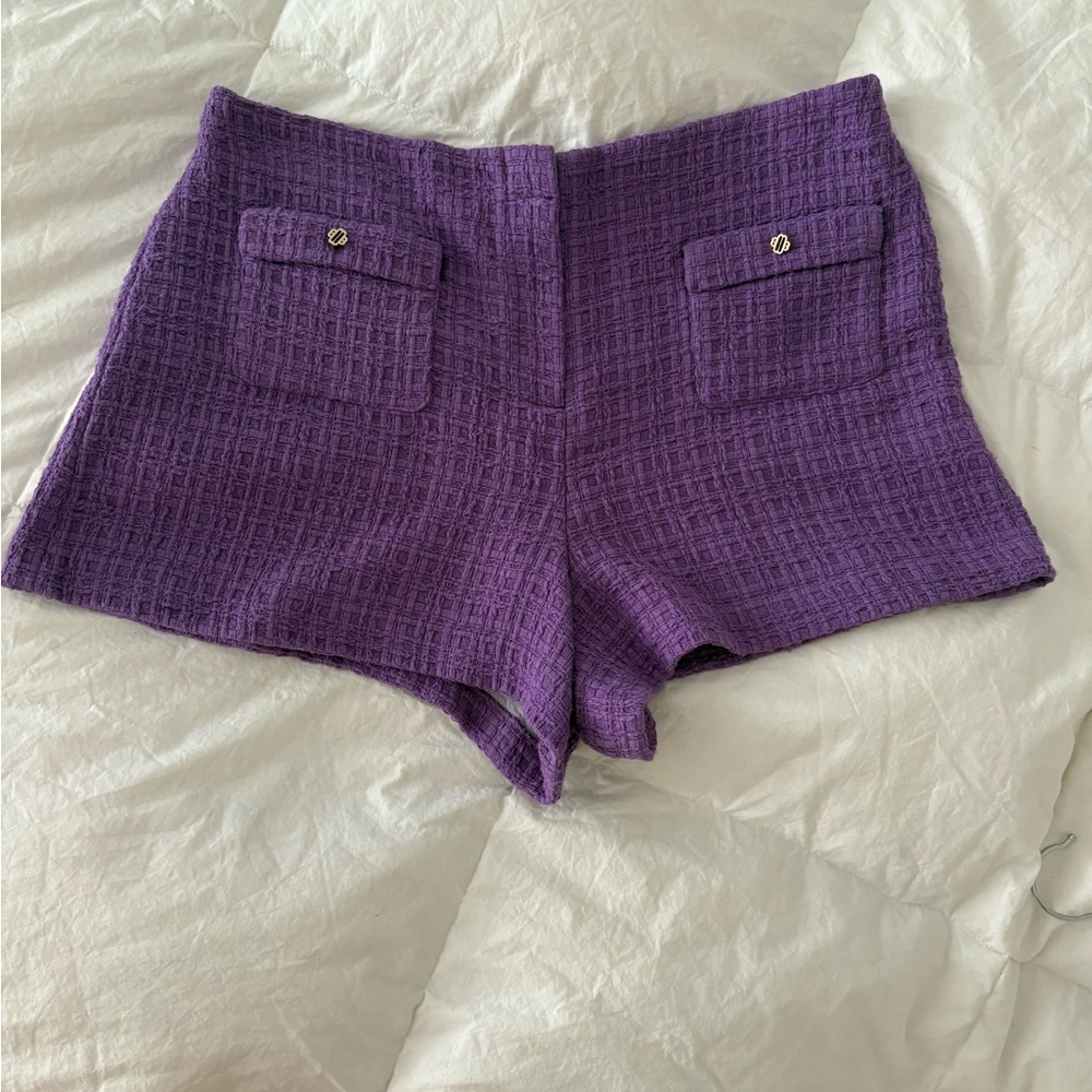 Maje Button Embellished Cotton Tweed Purple Women's Shorts - Picture 4 of 7